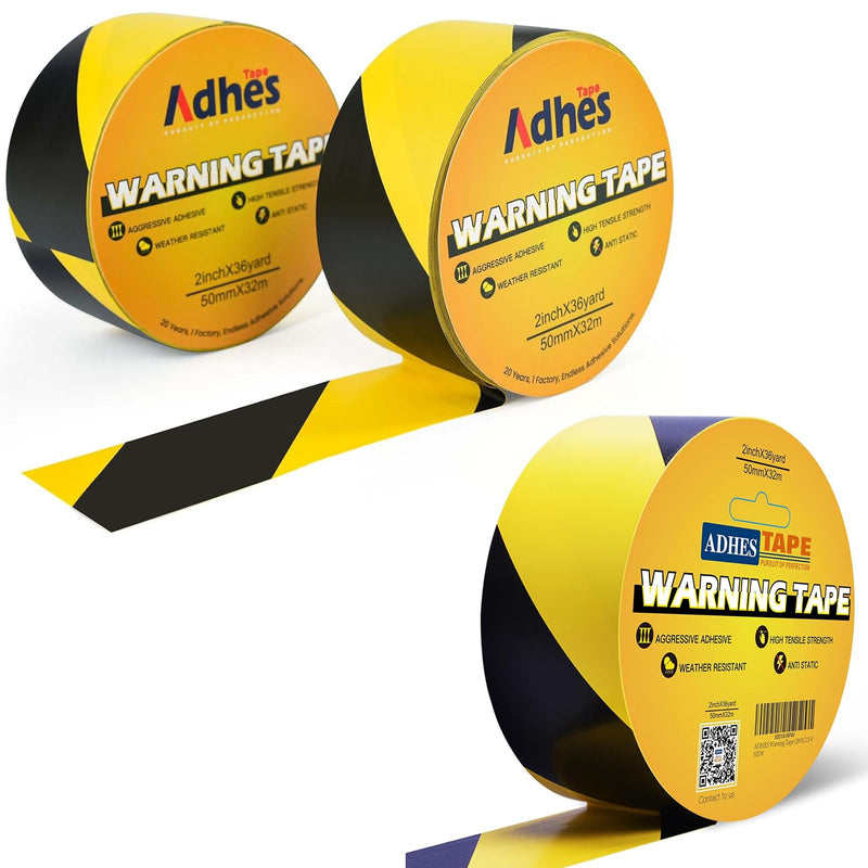ADHES Black and Yellow Safety Tape, 2 Inch X 108 Feet x 3 Rolls