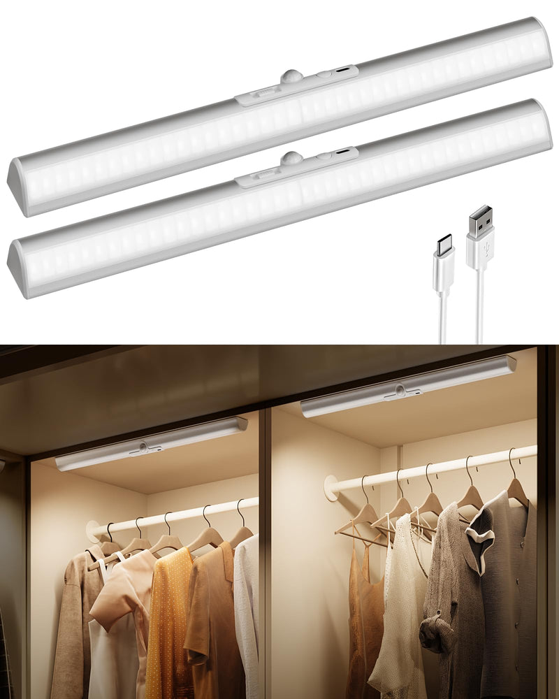 EZVALO 17Inch Motion Sensor Closet Lights, 3600mAh Rechargeable Battery LED Cabinet Lights, 150 Lumens No-Glare Curved, 3 Color Temps & Dimmable Pantry Lights for Wardrobe, Shelves - 2Pack 2