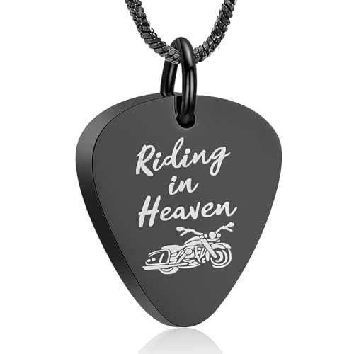 Yinplsmemory Cremation Jewelry Guitar Pick Urn Necklace for Ashes for Women Men Riding In Heaven Motorcycle Ashes Keepsake Memorial Jewelry Black