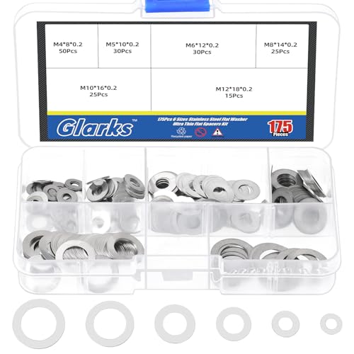 Glarks stainless steel thin flat washers assortment kit in M4-M12 sizes for screws, bolts, and woodworking