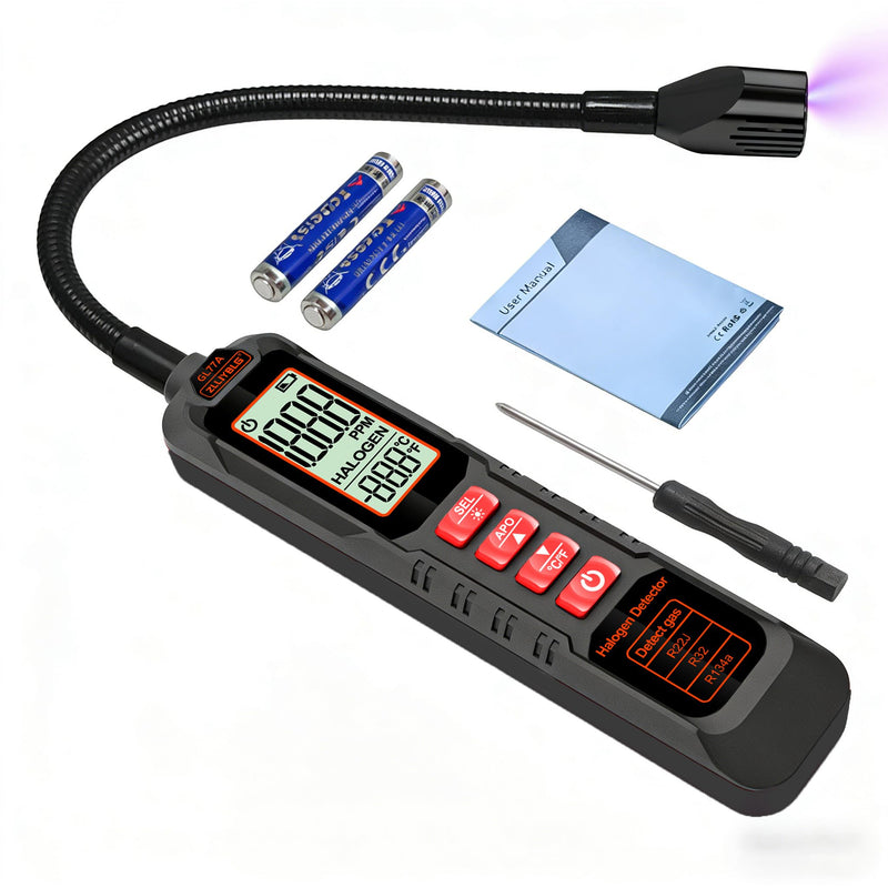 [Australia - AusPower] - Professional Halogen Gas Detector with 180° Flexible Probe, Digital Refrigerant Leak Detector for R22, R32, R134a, LCD Display, Ultraviolet Detection, 30CM Probe Length BLACK 