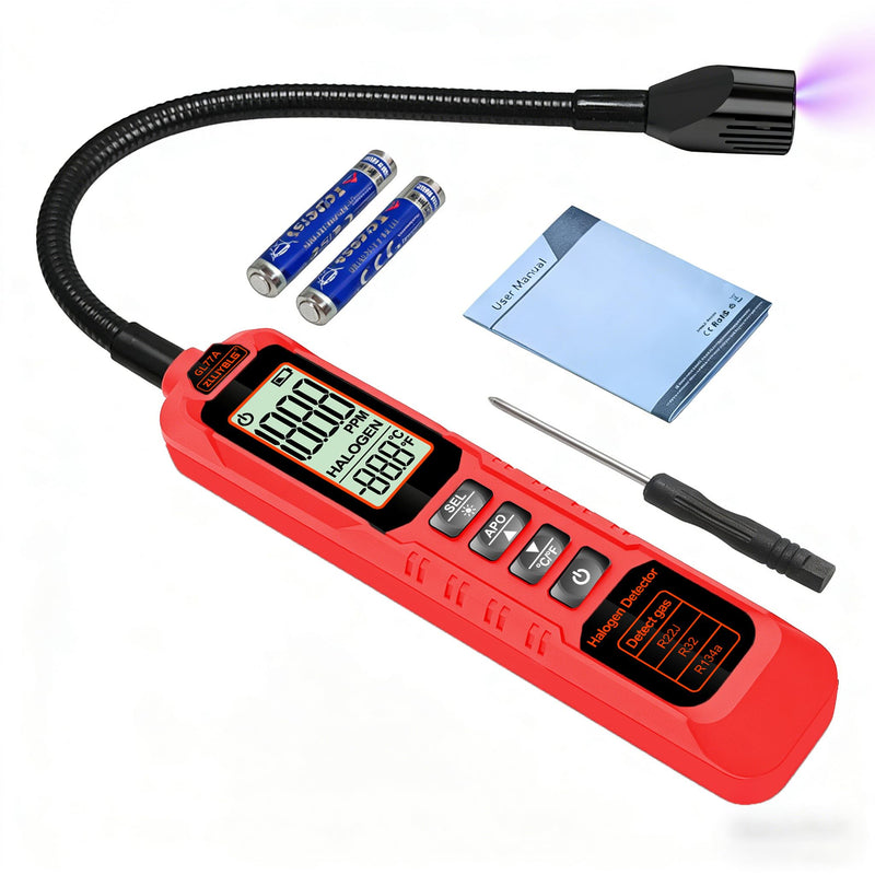 [Australia - AusPower] - Professional Halogen Gas Detector with 180° Flexible Probe, Digital Refrigerant Leak Detector for R22, R32, R134a, LCD Display, Ultraviolet Detection, 30CM Probe Length RED1 