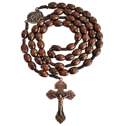 Bovemee Saint Benedict Medal Prayer Pocket Rosary Catholic Brown Wood Beads with Medalla de san benitol and Crucifix, 9 Inch Brown SaintArchange NK