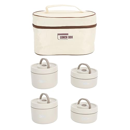 LICAEVEY Insulated Lunch Container, 304 Stainless Steel Leakproof Box with Sealed Lid, Portable Round Thermal Food Jar for Work, School & Outdoor (4 Box) Beige 4 Box