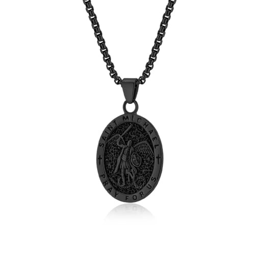 St Michael Pendant for Men Stainless Steel Archangel Necklace Amulet A-black-60cm chain