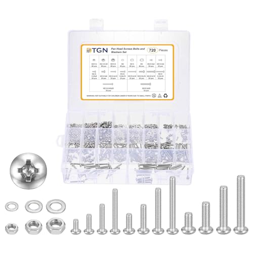 DTGN M2 M2.5 M3 Phillips pan head machine screw assortment with nuts and washers, 304 stainless steel, 720 pieces