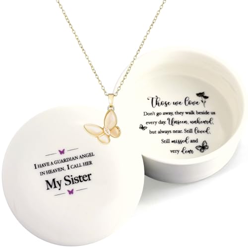Sister Memorial Gifts, Ceramic Keepsake Jewelry Box, Butterfly Necklace Sister