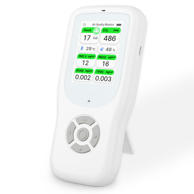 11-in-1 Air Quality Monitor - Portable Indoor Air Quality Detector with Stand, Real-Time Test for AQI, CO2, PM2.5, PM1.0, PM10, TVOC, HCHO, Particles, Humidity & Temperature White-White