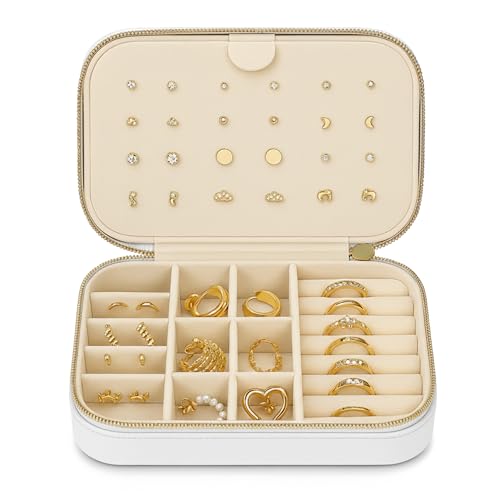 Small Travel Jewelry Box Organizer for women & Girls, Portable Small Travel Jewelry Case Organizer for Traveling, PU Leather Mini Box for Earrings, Necklaces, Rings, Bracelets - White