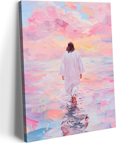 Framed Pink Jesus Walking On Water Wall Art Christian Canvas Prints 16x24in 24L"x16W" Canvas