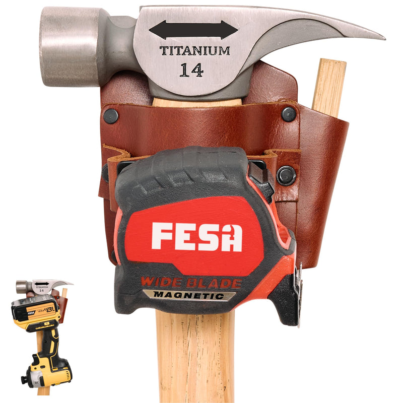 FESA Leather Tape Measure Holder - Measuring Tape or Drill Holder for Tool Belt with Steel Clip, Pencil Pocket & Heavy Duty Rivets - 2 Ways to Attach - Fits Any Belt - Handcrafted Cherry - With Hammer Pocket