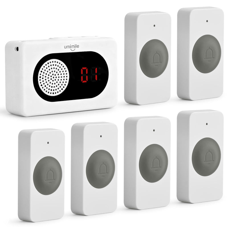 Umimile Caregiver Pager Wireless Call Button for Home, Nurse Alert with LED Display & Voice, 6 Buttons, 150m/500ft Range, 26 Ringtones, for Elderly Patient, Senior Care, Clinic & Nursing Home, White