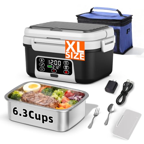 XL 6.3-Cups Cordless Electric Heated Lunch Box for Adults, 20000mAh Rechargeable Battery Powered Smart Self Heating Lunchbox for Men Women, 100W Food Warmer for Trucks Driver Travel Office Worker AA
