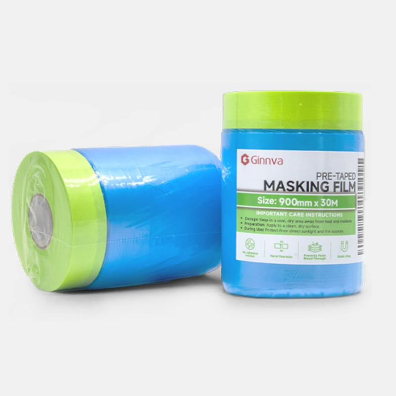 Pre-Taped Masking Film with Static Cling 35.4" x 98FT 1 Roll, Blue Paint Protection Plastic Sheeting with Green Tape for Cars, Walls, Windows, Furniture, No Residue