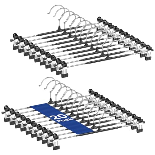 Pants Hangers with Clips Skirt Hangers for Women 20 Pack, Space Saving 14Inch Adjustable Hanger Heavy Duty Non-Slip for Trousers, Jeans, Clothes, Shorts (Black, 20Pack) 20pack-black 14 inch