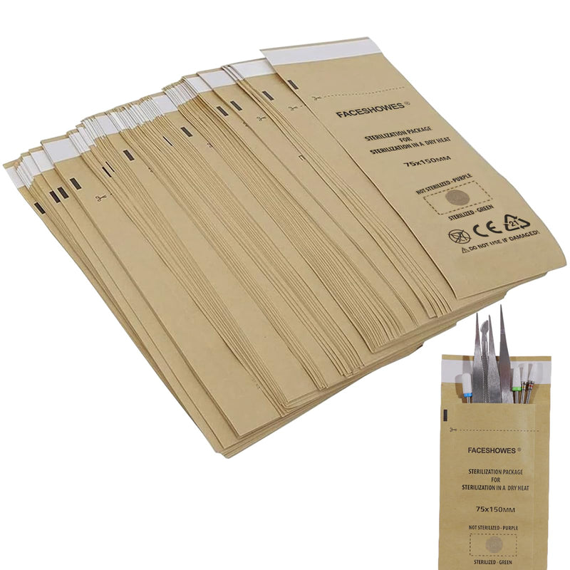 100pcs Sterilizer Kraft Paper Sterilizer for Instruments | Self-adhesive disposable sterilisation bag, self-sealing sterilisation bag for cosmetics and nail tools, 75 x 150 mm