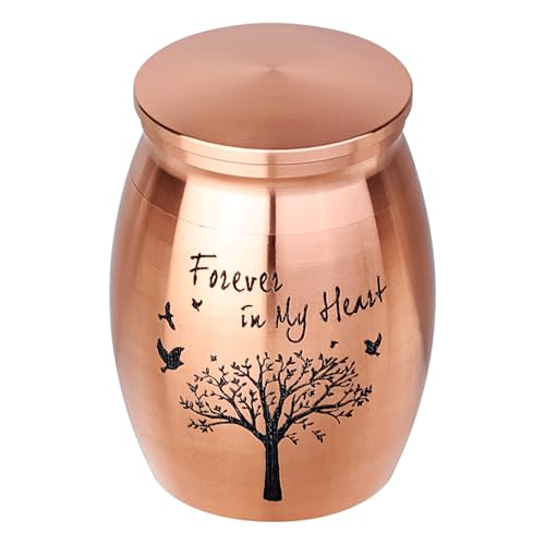 Personalized Small Pet Urn for Ashes - Waterproof Cremation Keepsake Stainless Steel Memorial Urn with Tree Patterns and Text for Ashes Holder Memorial Dog Cat Funeral Decorative (Rose Gold) Rose Gold