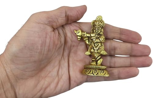 Divine Fluting Krishna Brass Statue - Small Hindu God Idol Playing Flute for Pooja Altar, Home Temple & Spiritual Decor Lord Krishna