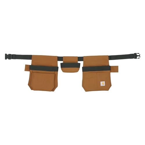 Carhartt brown adjustable utility tool belt with multiple pockets and durable workwear design