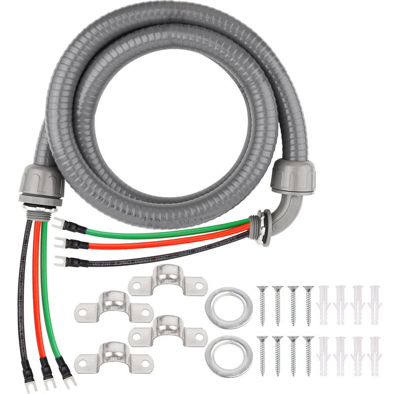 6FT Non-Metallic Liquid-Tight Conduit Kit, 1/2" Pre-Wired Electrical Whip with 3×10AWG THHN Copper Wires & Pre-Installed Terminals, 90° & Straight Connectors, Outdoor HVAC A/C Wiring 6 ft With Terminals