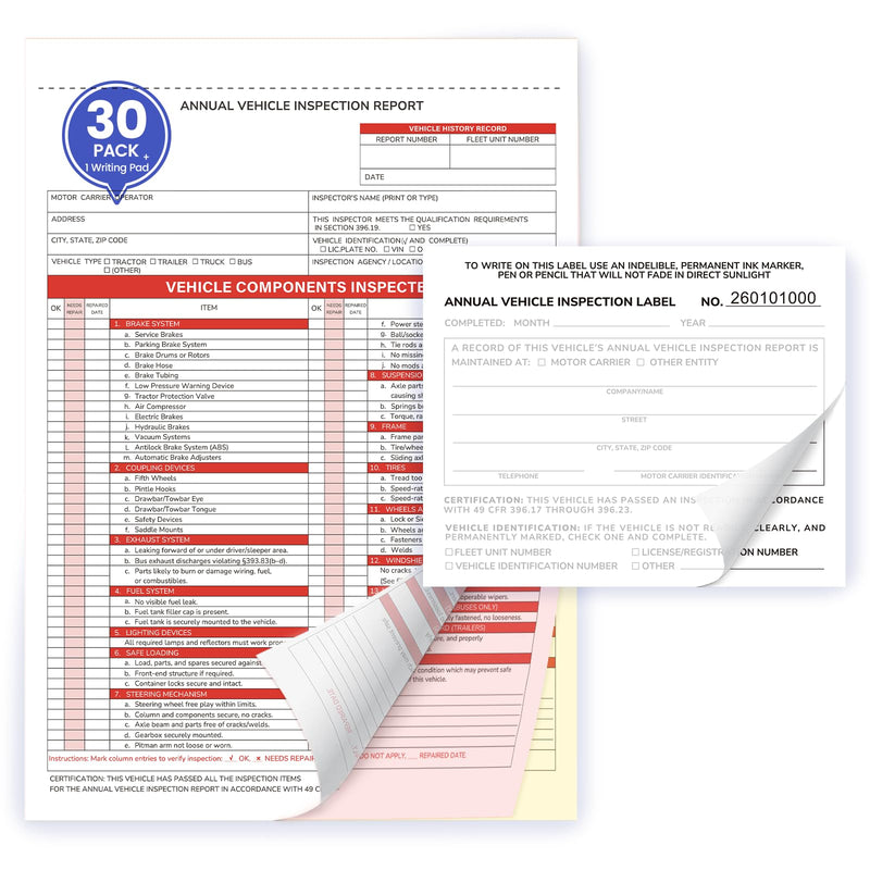 Annual Vehicle Inspection Record Kit – 3-Part NCR Report Book (30 Sets) + White Adhesive Record Labels (30) – for Trucks & Fleet Recordkeeping | Supports 49 CFR §396.17 30