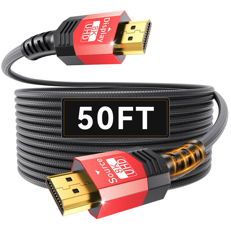 Fiber Optic HDMI 2.1 Cable 50FT,48Gbps Ultra High Speed Braided Uni-Directional Cord-8K@60Hz 4K@120Hz/144Hz HDCP 2.2&2.3 eARC DTS:X HDR10 VRR Compatible for RTX 5090/PS5/Xbox X/S/TV etc Red 50 ft