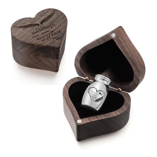 XIUDA Wooden Mini Memorial Small Urns for Ashes Stainless Steel Cremation Mini Urn with Black Walunt Box Funeral Heart Wings Keepsake Urn for Ashes