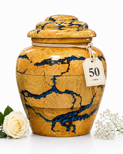 Handcrafted Cherry Wood Cremation Keepsake Urn with Blue Epoxy Inlay – Solid Hardwood Mini Urn for Human or Pet Ashes – Elegant Funeral Memorial (Small, 15 Cubic Inches) Small – 2.5" Dia × 5" H – 15 Cubic Inches