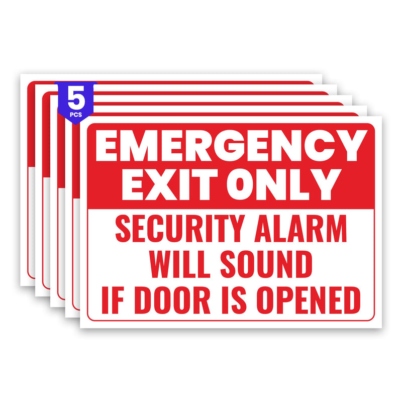 5 x Emergency Exit Only Stickers | Security Alarm Will Sound If Door Is Opened Signs | 10 x 7 inches | Self-Adhesive, UV Protected Vinyl Decals | Non-Rusting, Easy to Mount Labels for Business, Hospitals, Offices, Schools