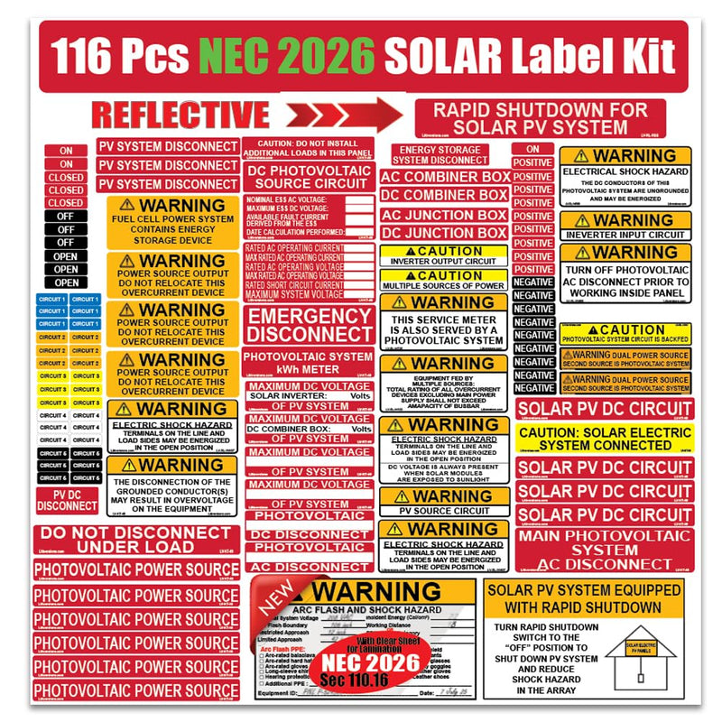 116 Pack NEC 2026/2023/2020/2017 Code Compliant Photovoltaic Solar Panel Label Kit Electrical Panel Safety Stickers Outdoor Rated Waterproof Laminated 2026 Edition 1 Pack