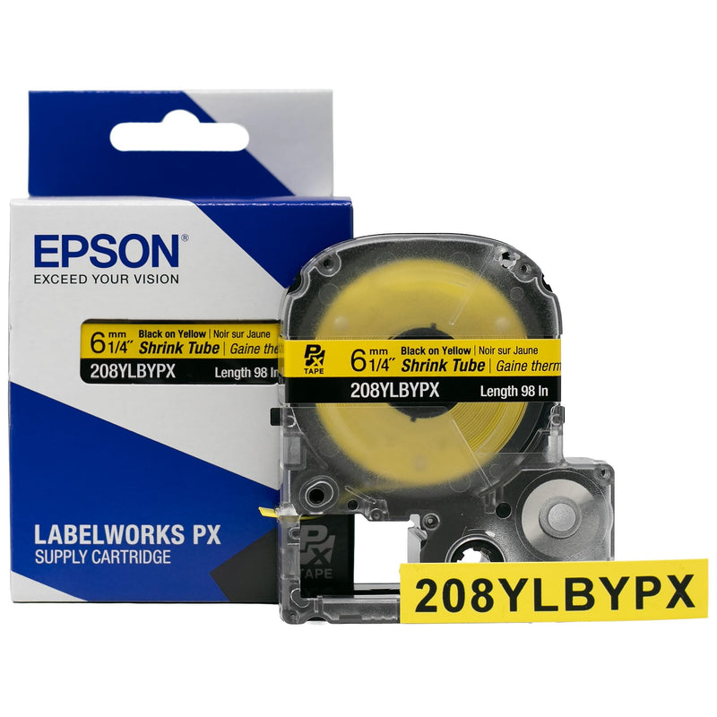 Epson LABELWORKS 208YLBYPX Genuine Tape Cartridge - Black on Yellow Shrink Tube Industrial Label Maker Tape - AWG 6-18, 1/4" (6MM) Wide, 8 ft (98") 8MM(6-18AWG)