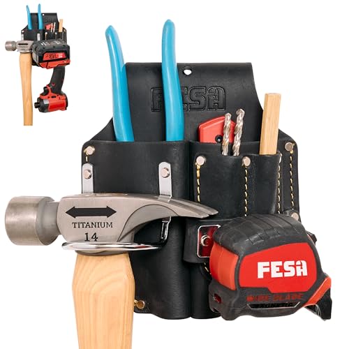 FESA black leather double plier holster with steel hammer holder, tape clip, and carpenter’s pencil pockets