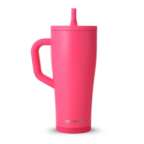 Ice Shaker 32 oz Tumbler with Handle and Straw | 32oz Neon Pink | Cold for 30+ Hours | 2-in-1 Tumbler Shaker Bottle | Odor-Free 32 ounce Bottle for Water, Protein Shakes, Smoothies, Cocktails