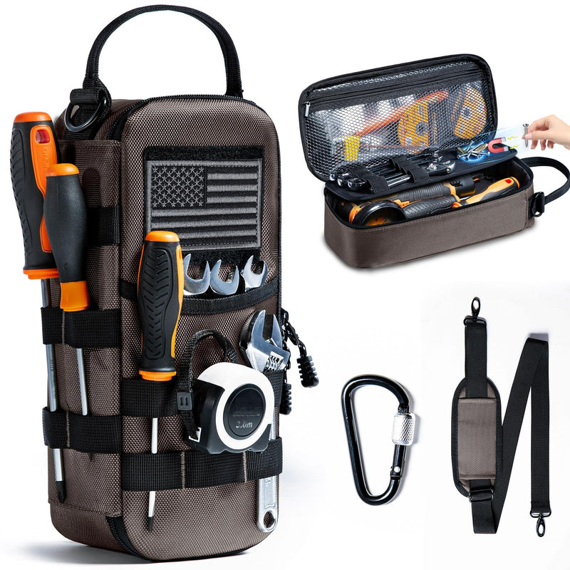 Heavy Duty Small Tool Bags for Men with Carabiner,Tactical Tool Pouch Bag,Portable Utility Tools Storage Organizer Case with Shoulder Strap for EDC,Motorcycle,Camping, Road Trip, Electricians Grey