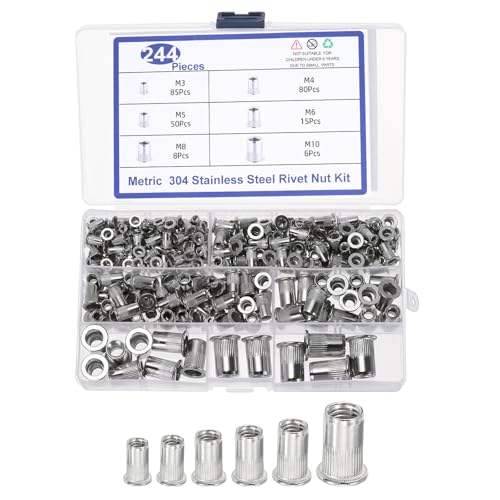 uxcell 244-piece silver 304 stainless steel rivet nut assortment, M3 to M10 sizes