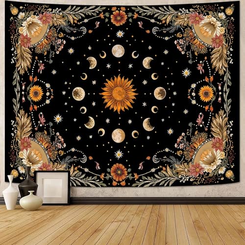 Yeoiat Tapestry Celestial Sunflower Tapestries Lunar Phase Wall Hanging Black and Gold Boho Fine Art Decor Bedroom Dormitory Decoration 90"x70" 90"L x 70"W Black Orange