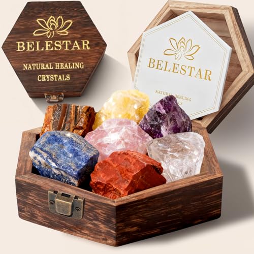 7 Chakra Healing Crystals Set - 7 Raw Stones, Wooden Box & Guide 7 Colors