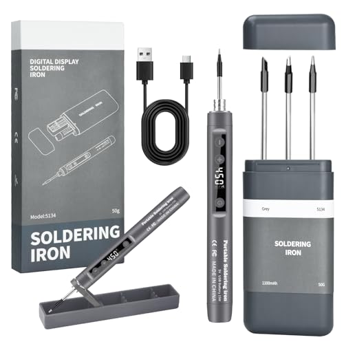 Battery Soldering Iron Set with Stand and LCD Display, Mini Soldering Iron Battery, Adjustable Temperature 180-450°C, 3 Soldering Tips, USB Soldering Station, Suitable for Repair Circuit Boards, Welding Repairs - Grey Gray