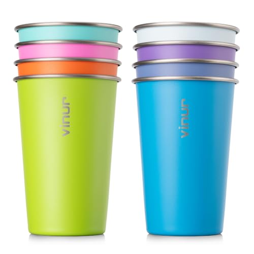 Stainless Steel Cups-16 oz Colorful Stackable Metal Drinking Glasses 8 Pcs Sky Blue-Orange-Hot Red-Apple Green-Blue-Royal Blue-Teal-Purple 8 Pack