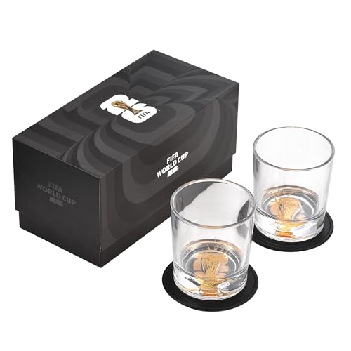 Official FIFA World Cup 2026 Edition - 8oz Whiskey Glass & Leather Coasters Gift Set - 2 of Each - Perfect for Parties, Bars, Tailgates, Mancaves & Gamedays - Once in a Lifetime Drinkware Set