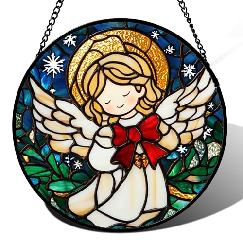 Stained Glass Window Hanging Jesus Cute Angel 6.3" - White Angel Suncatcher Door Garden Sun Catcher Home Decor Birthday Christmas for Mom Men Woman Nana Friend Girl 6.3x6.3 IN