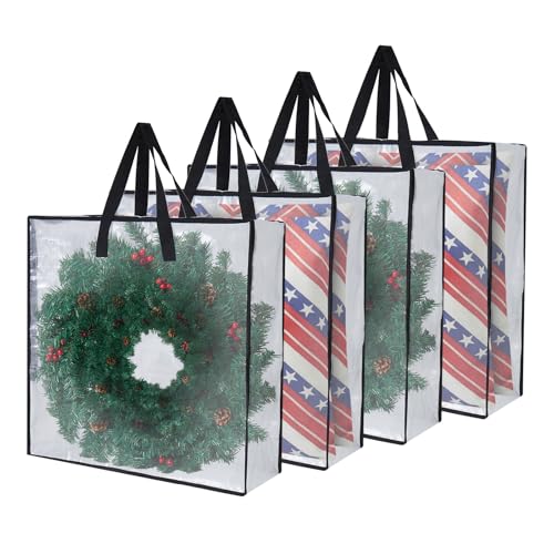 Heavy-Duty Clear Wreath Storage Bag & Sturdy Moving Box Alternative – 26 Inch Large Capacity Container with Zipper for Christmas Decorations, Seasonal Wreaths, Clothes, Bedding,Gift (4-Pack) SClear 4 Pack