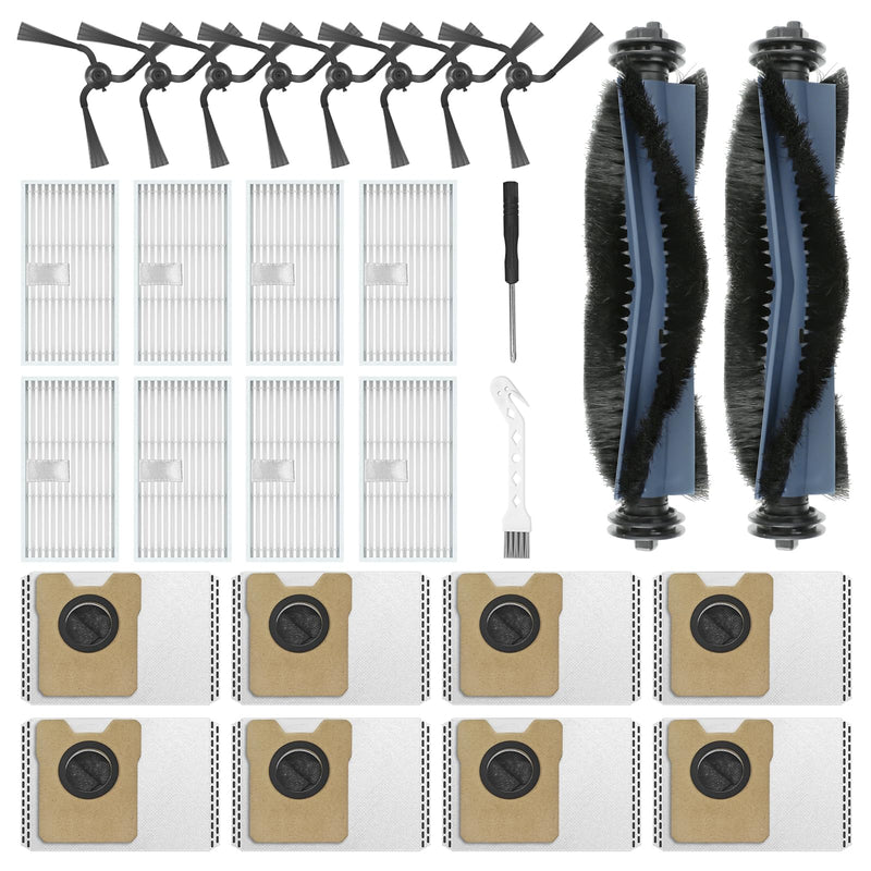 FFsign 28 Pack Replacement Parts Compatible with Eufy C10 Robot Vacuum, Self Emptying RoboVac Accessories Kit 2 Rolling Brushes, 8 Dust Bags, 8 Side Brushes, 8 Filter Sets