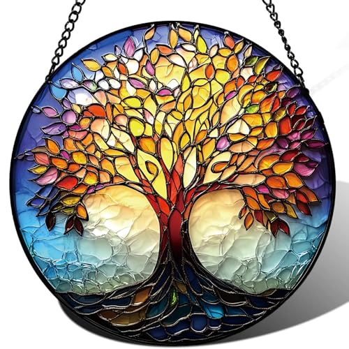 Stained Glass Tree of Life Suncatcher, 7.9" Real Glass