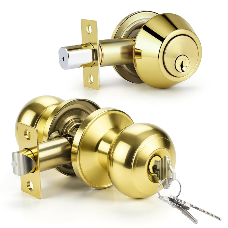 KNOBWELL 1 Pack Keyed Alike Door Knob and Double Cylinder Deadbolt Set, Exterior Door Lock Set, Polished Brass