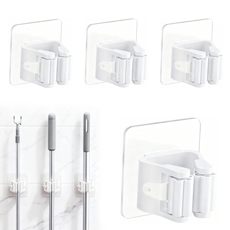 Pack of 4 Broom Holder Wall, Wall Mounting, No Drilling, Broom Holder, Self-Adhesive, Suitable for Storing Broom and Mop in Kitchens, Gardens, Garages