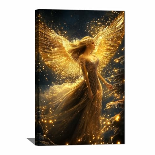CHAOSETKEN Angel Girl Canvas Wall Art Angel & Gold Wing Pictures Prints Holy Portrait Paintings Night Sky Landscape Artwork for Living Room Office Decor Frame (24L x 16W) 24L" x 16W"