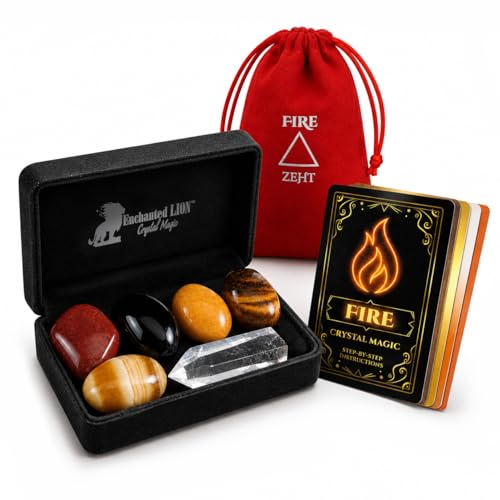 Enchanted LION® Ultra-Premium Ethically Sourced Fire-Element Crystal Set: Confidence, Courage, Protection & Vitality, Real Quartz Wand, Tigers Eye, Black Obsidian, Gift Box & Ritual Cards Multi-color Crystals
