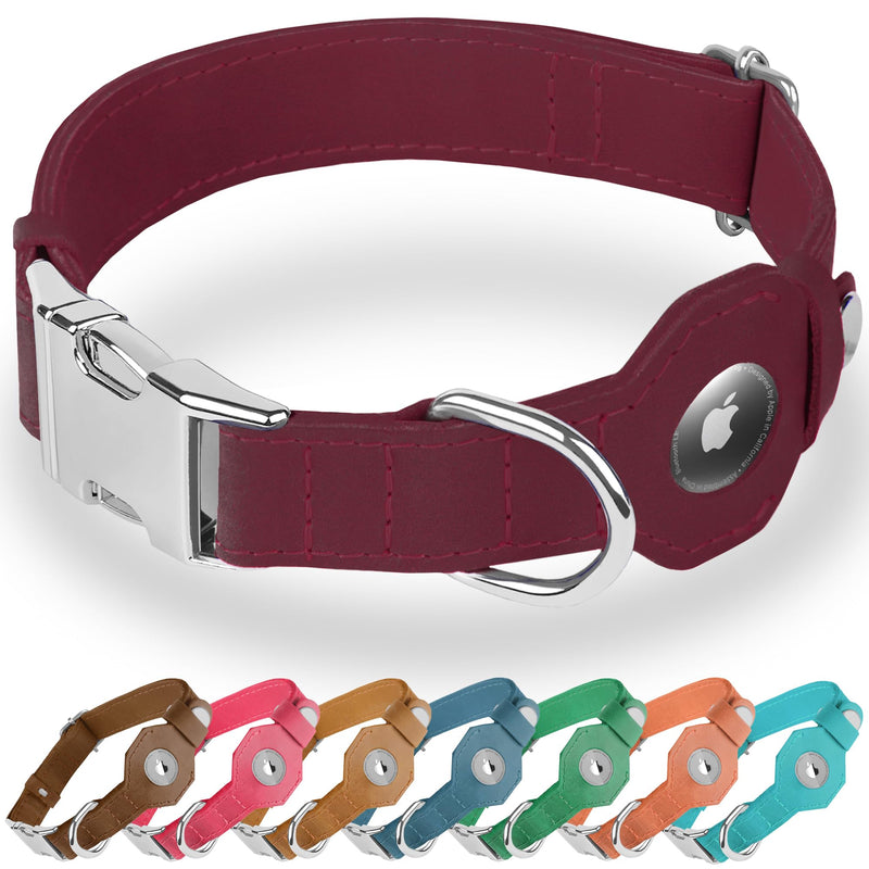 Leather Dog Collar with Airtag Holder - Soft Adjustable Airtag Dog Collar with Metal Buckle - GPS Tracking Apple Air Tag Pet Collar for Small Large Dogs (Burgundy, XL, 20"-25" Neck Fit) Burgundy
