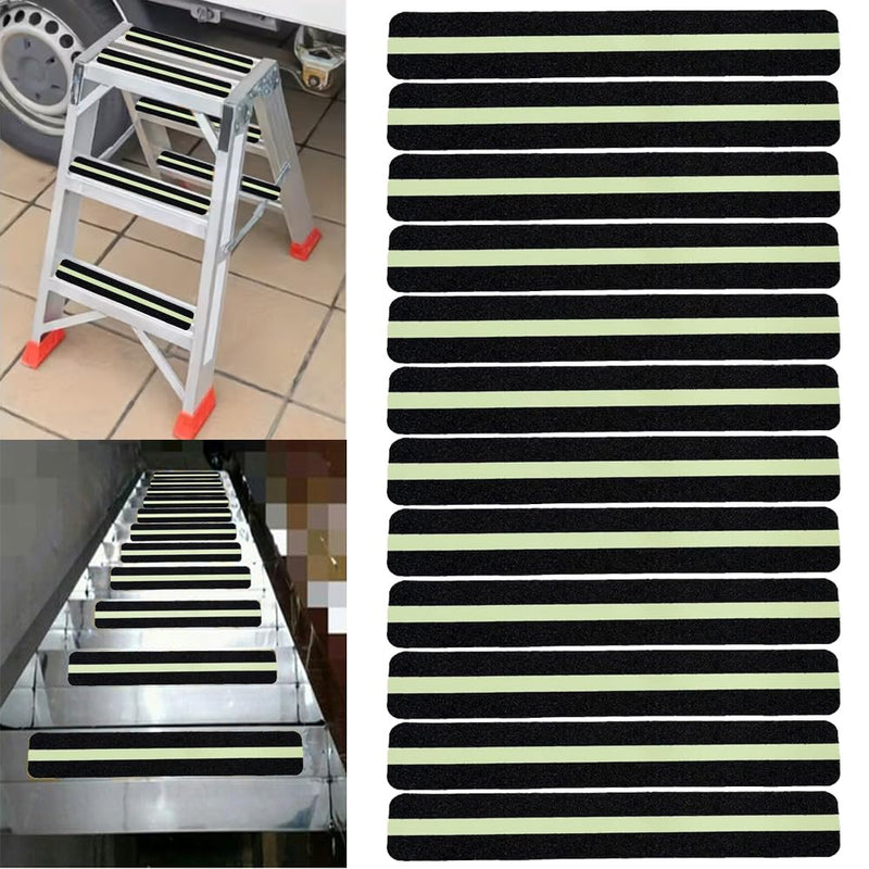 12-Pack Anti Slip Traction Tape with Glow in The Dark, 1.57inch x 13inch, Non-Slip Grip Adhesive Tape to Indoor or Outdoor Stair,Tubs, Boats, Safety Grip Tape Non Skid for Stair Steps #03Black with Glow 1.57 inch x 13 inch 12pcs